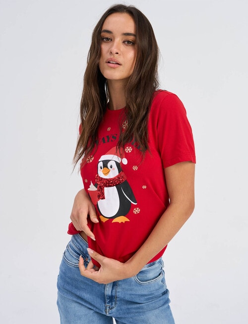 ONLY Christmas Short Sleeve Tee, Penguin Red product photo