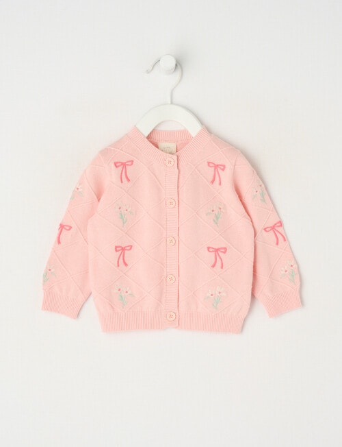 Little Bundle Flower & Bow Knit Cardigan, Pale Pink product photo