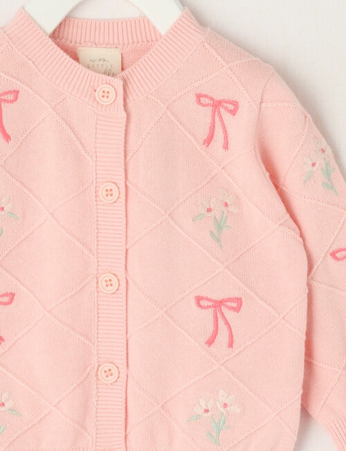 Little Bundle Flower & Bow Knit Cardigan, Pale Pink product photo View 03 L