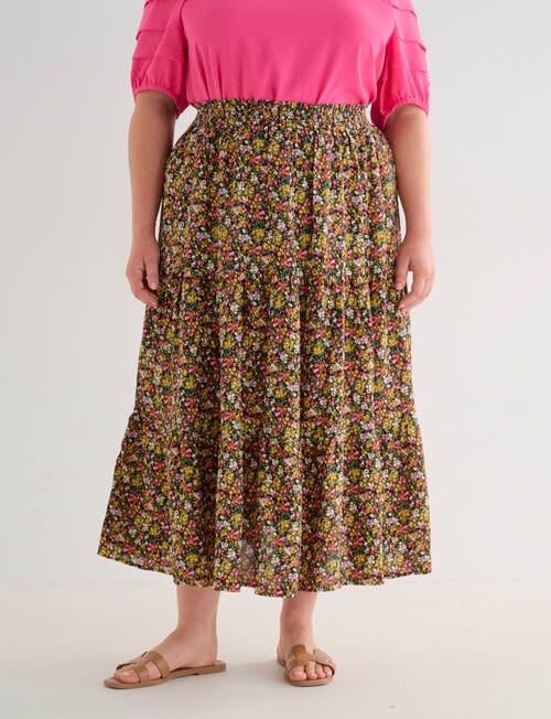 Studio Curve Ditsy Floral Tiered Skirt, Black product photo View 03 L