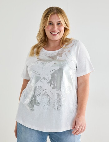 Studio Curve Organic Cotton Foil Floral Scoop Neck Tee, White & Silver product photo