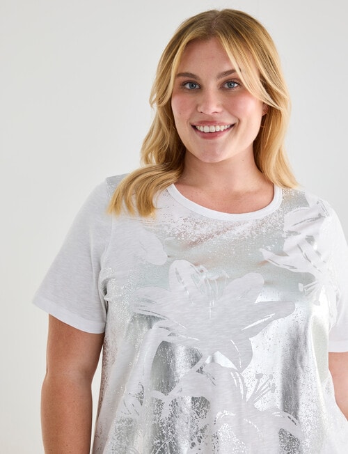 Studio Curve Organic Cotton Foil Floral Scoop Neck Tee, White & Silver product photo View 04 L