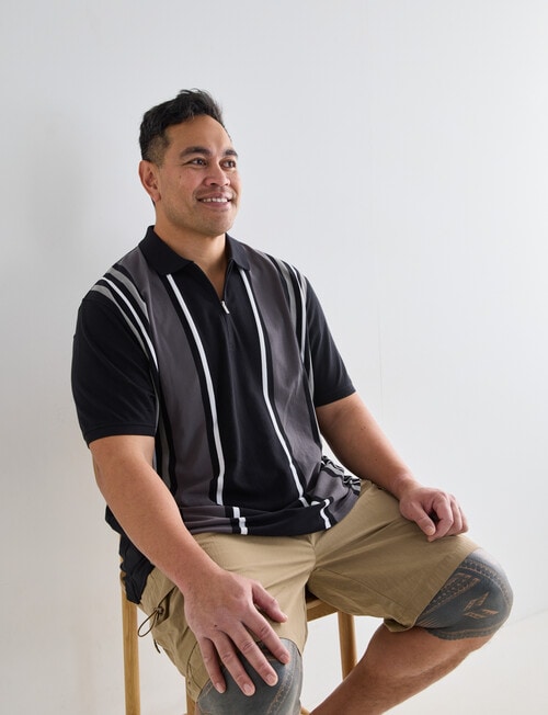 Gasoline King size Asher Yarn Dyed Vert Stripe Polo Shirt, Black product photo