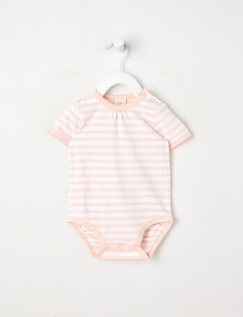 Little Bundle Essentials Stretch Cotton Stripe Short-Sleeve Bodysuit, Pink & White product photo