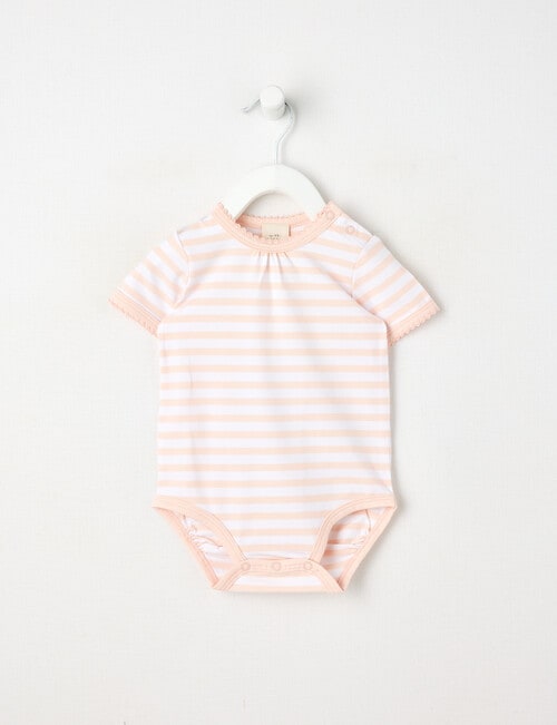 Little Bundle Essentials Stretch Cotton Stripe Short-Sleeve Bodysuit, Pink & White product photo