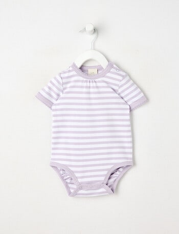 Little Bundle Essentials Stretch Cotton Stripe Short-Sleeve Bodysuit, Orchid & White product photo