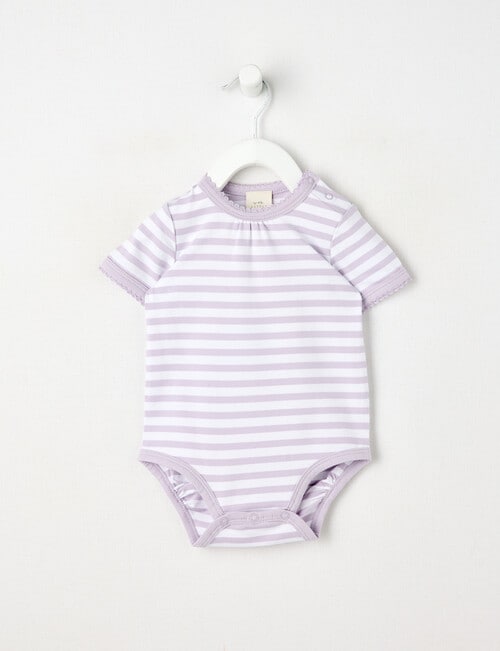 Little Bundle Essentials Stretch Cotton Stripe Short-Sleeve Bodysuit, Orchid & White product photo
