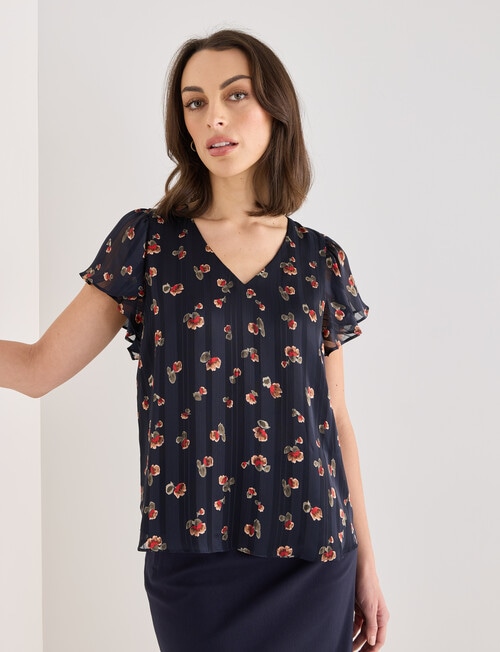 Oliver Black Rose Print V-Neck Flutter Sleeve Top, Blue product photo