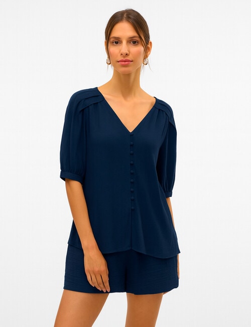 Vero Moda Dahlia Linen Blend V-Neck Shirt, Navy product photo