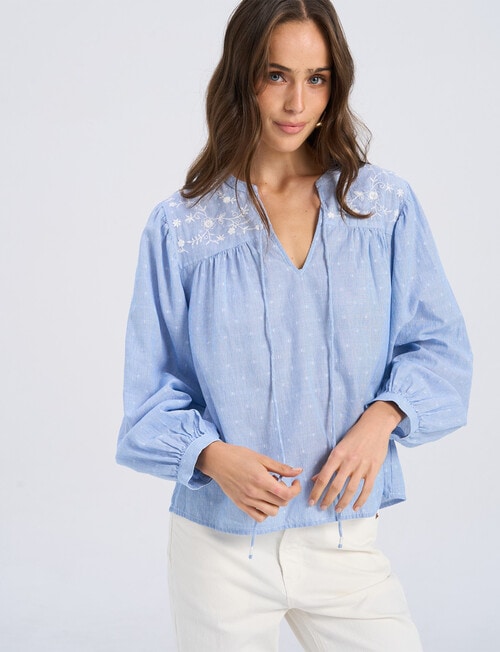 Vero Moda Nika Long Sleeve Embroidered Top, Cashmere Blue product photo
