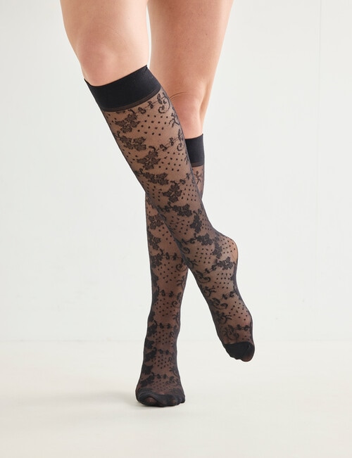 Columbine Spot Floral Knee High Tights, Black product photo View 02 L