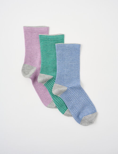 Columbine Fine Stripe Cotton Crew Socks, 3-Pack, Wisteria, Emerald & Blue, 4-11 product photo