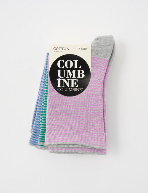 Columbine Fine Stripe Cotton Crew Socks, 3-Pack, Wisteria, Emerald & Blue, 4-11 product photo View 02 L