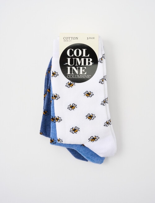Columbine Cotton Crew, Small Bees, 3-Pack, White, Blue & Navy, 4-11 product photo View 02 L