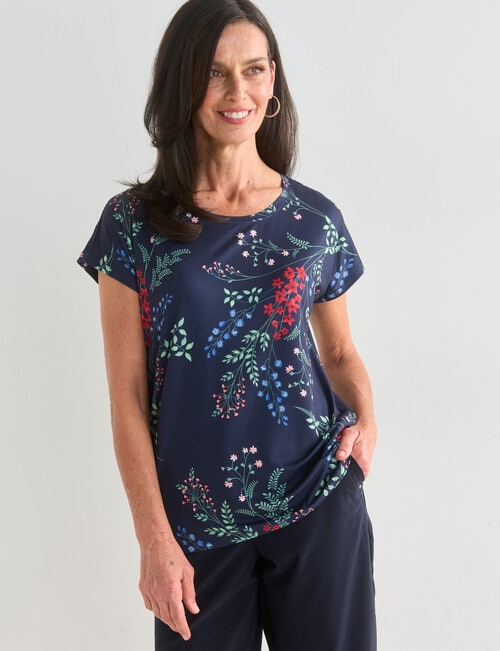 Ella J Printed Cap Sleeve Tee, Navy product photo