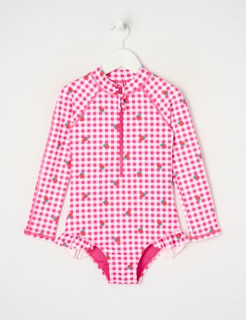 Wavetribe Strawberry Gingham Long Sleeve Rashsuit, Pink product photo