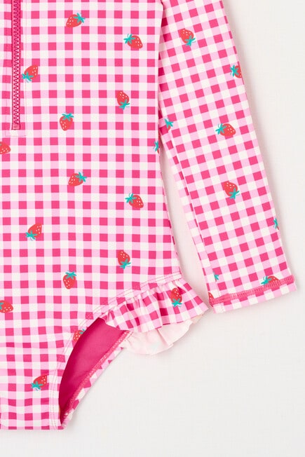 Wavetribe Strawberry Gingham Long Sleeve Rashsuit, Pink product photo View 03 L