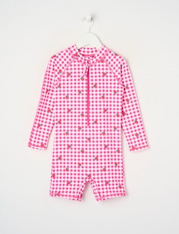 Wavetribe Strawberry Gingham Long Sleeve Sunsuit, Pink product photo