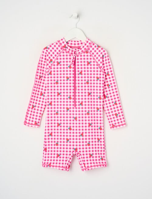Wavetribe Strawberry Gingham Long Sleeve Sunsuit, Pink product photo