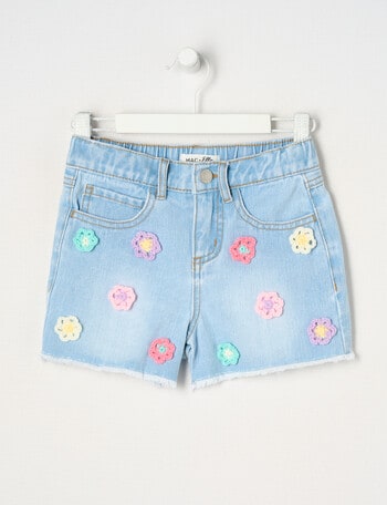 Mac & Ellie Crochet Daisies Denim Short, Light Blue product photo