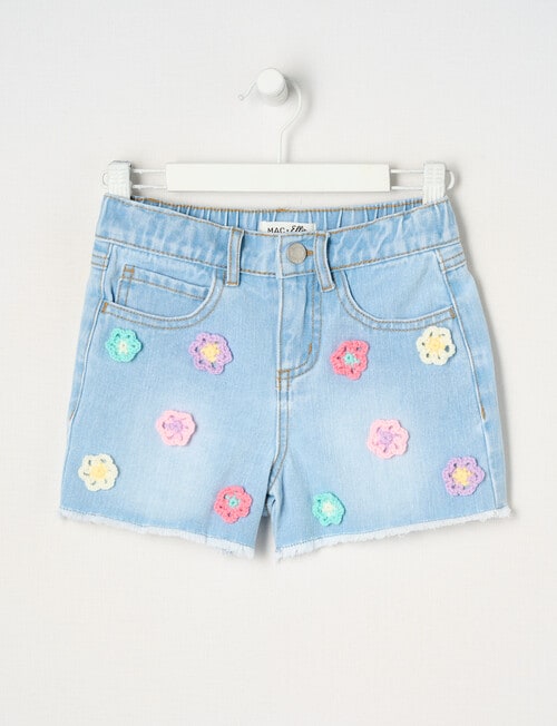 Mac & Ellie Crochet Daisies Denim Short, Light Blue product photo