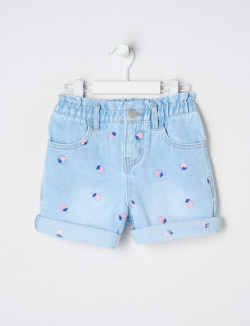 Mac & Ellie Embroidered Strawberries Paperbag Waist Short, Light Blue product photo
