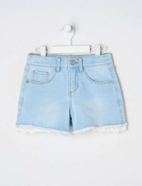 Mac & Ellie Lace Trim Stretch Denim Short, Light Blue product photo