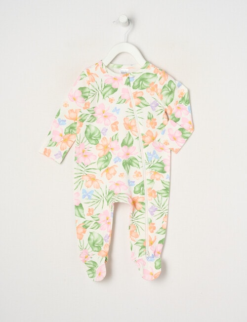 Teeny Weeny Tropical Flowers Stretch Cotton Sleepsuit, White & Green product photo
