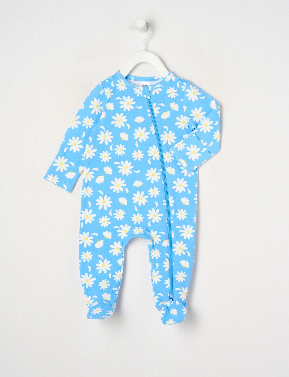 Teeny Weeny Daisy Stretch Cotton Sleepsuit, Blue & White