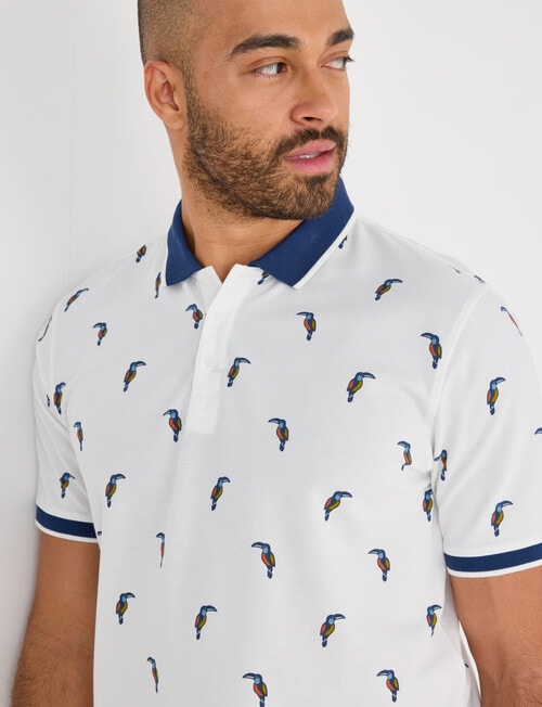 Gasoline Toucan Java Ditsy Polo Shirt, White product photo