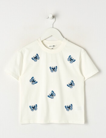 Mac & Ellie Embroidered Butterflies Short Sleeve Boxy Tee, White product photo