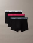 Calvin Klein Relaxed Cotton Stretch Trunks, 3-Pack, Black with Turbulence, White & Innuendo Waistbands product photo