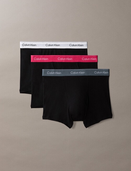 Calvin Klein Relaxed Cotton Stretch Trunks, 3-Pack, Black with Turbulence, White & Innuendo Waistbands product photo