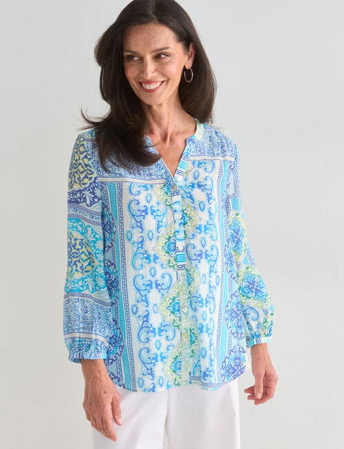 Ella J Scarf Print Pleat Shirt, Aqua product photo View 05 L