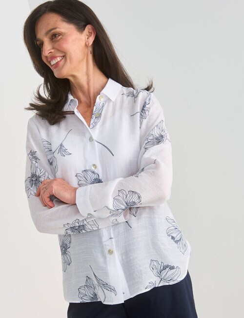 Ella J Floral Sketch Print Classic Shirt, White - Tops