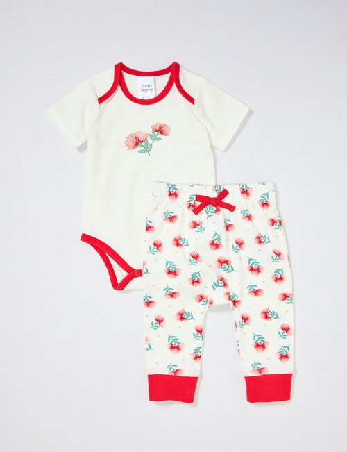 Teeny Weeny NZ Pohutukawa Bodysuit & Pant Set, 2-Piece, White, Red & Green product photo