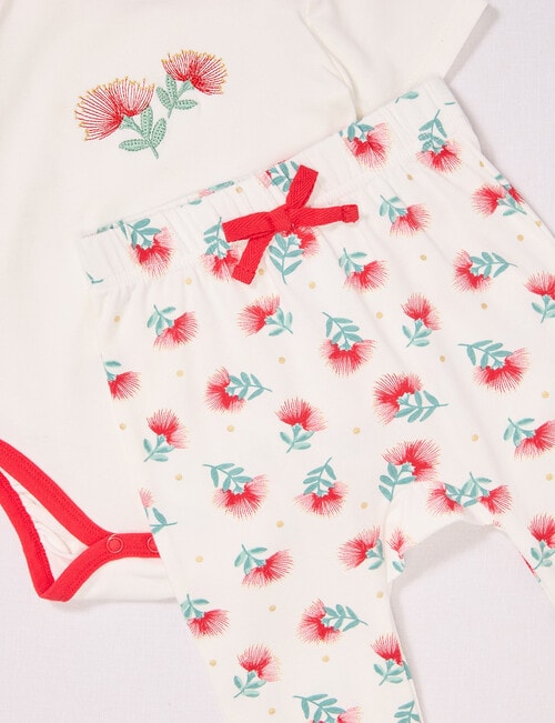 Teeny Weeny NZ Pohutukawa Bodysuit & Pant Set, 2-Piece, White, Red & Green product photo View 02 L