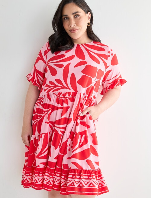 Studio Curve Bold Floral Button Back Dress, Pink & Red product photo