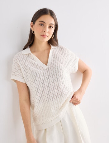 Whistle Short Sleeve Knitted Polo Shirt, Ivory product photo