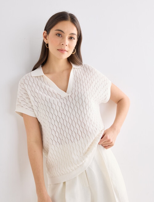 Whistle Short Sleeve Knitted Polo Shirt, Ivory product photo