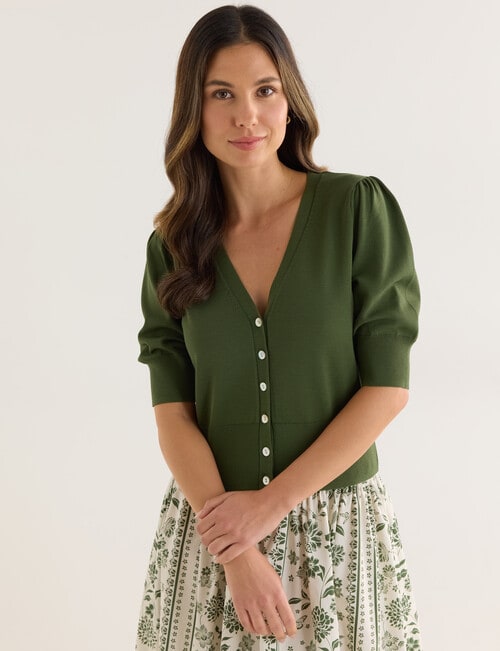 Whistle Puff Sleeve Cardigan, Green product photo View 04 L