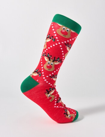Mazzoni Christmas Argyle Reindeer Face Dress Sock, Red product photo