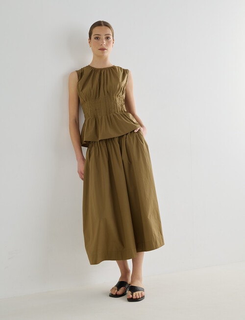Mineral Manon Pleat Waist Midi Skirt, Olive product photo View 03 L