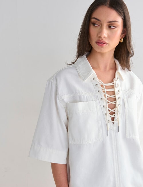 Mineral Phoebe Lace Up Denim Top, White product photo