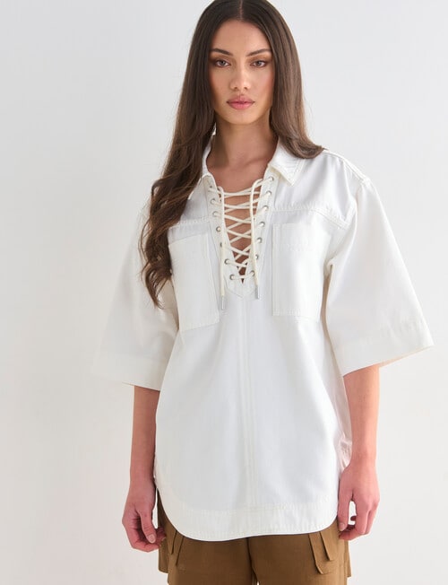 Mineral Phoebe Lace Up Denim Top, White product photo View 04 L