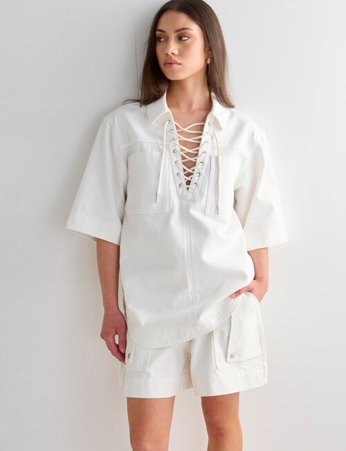 Mineral Phoebe Lace Up Denim Top, White product photo View 07 L
