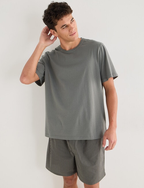 Mazzoni Short Sleeve Tee & Woven Stripe Short PJ Set, Forest Sage & Black product photo
