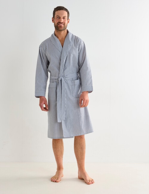 Mazzoni Woven Cotton Fine Striped Robe, Light Navy & White product photo View 03 L