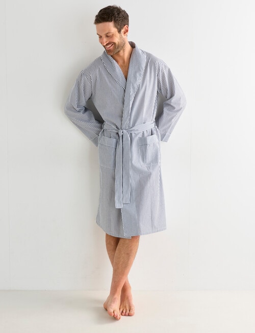 Mazzoni Woven Cotton Fine Striped Robe, Light Navy & White product photo View 05 L