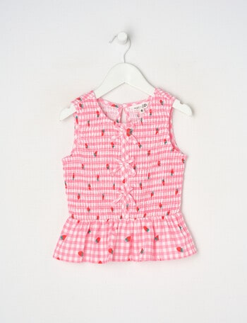 Mac & Ellie Gingham Strawberries Linen Blend Bow Top, Fuchsia product photo